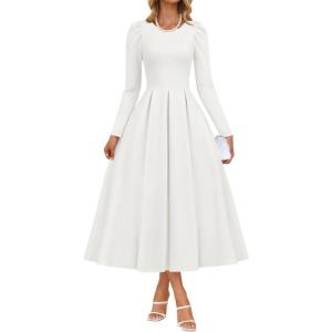 imageZESICA Womens Long Sleeve Midi Dresses 2025 Fall Elegant Crewneck Swing A Line Wedding Guest Party Dress with PocketsWhite
