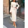 imageZESICA Fall Dresses for Women 2025 Elegant Classy Long Sleeve Business Casual Bodycon Slit Midi Dress with BeltApricot