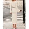 imageZESICA Fall Dresses for Women 2025 Elegant Classy Long Sleeve Business Casual Bodycon Slit Midi Dress with BeltApricot