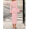 imageZESICA Fall Dresses for Women 2025 Elegant Classy Long Sleeve Business Casual Bodycon Slit Midi Dress with BeltPink