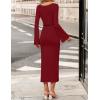 imageZESICA Fall Dresses for Women 2025 Elegant Classy Long Sleeve Business Casual Bodycon Slit Midi Dress with BeltWine