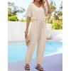imageZESICA One Piece Jumpsuits for Women Summer Casual Short Sleeve V Neck Overalls Drawstring Waist Romper with PocketsApricot