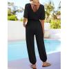 imageZESICA One Piece Jumpsuits for Women Summer Casual Short Sleeve V Neck Overalls Drawstring Waist Romper with PocketsBlack