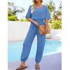 imageZESICA One Piece Jumpsuits for Women Summer Casual Short Sleeve V Neck Overalls Drawstring Waist Romper with PocketsBlue