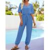 imageZESICA One Piece Jumpsuits for Women Summer Casual Short Sleeve V Neck Overalls Drawstring Waist Romper with PocketsBlue