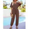 imageZESICA One Piece Jumpsuits for Women Summer Casual Short Sleeve V Neck Overalls Drawstring Waist Romper with PocketsCoffee