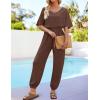 imageZESICA One Piece Jumpsuits for Women Summer Casual Short Sleeve V Neck Overalls Drawstring Waist Romper with PocketsCoffee