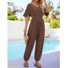 imageZESICA One Piece Jumpsuits for Women Summer Casual Short Sleeve V Neck Overalls Drawstring Waist Romper with PocketsCoffee
