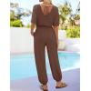 imageZESICA One Piece Jumpsuits for Women Summer Casual Short Sleeve V Neck Overalls Drawstring Waist Romper with PocketsCoffee