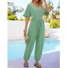 imageZESICA One Piece Jumpsuits for Women Summer Casual Short Sleeve V Neck Overalls Drawstring Waist Romper with PocketsGreen