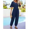 imageZESICA One Piece Jumpsuits for Women Summer Casual Short Sleeve V Neck Overalls Drawstring Waist Romper with PocketsNavy