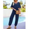 imageZESICA One Piece Jumpsuits for Women Summer Casual Short Sleeve V Neck Overalls Drawstring Waist Romper with PocketsNavy