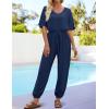 imageZESICA One Piece Jumpsuits for Women Summer Casual Short Sleeve V Neck Overalls Drawstring Waist Romper with PocketsNavy