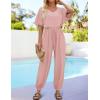 imageZESICA One Piece Jumpsuits for Women Summer Casual Short Sleeve V Neck Overalls Drawstring Waist Romper with PocketsPink