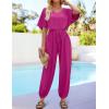 imageZESICA One Piece Jumpsuits for Women Summer Casual Short Sleeve V Neck Overalls Drawstring Waist Romper with PocketsRose