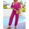 imageZESICA One Piece Jumpsuits for Women Summer Casual Short Sleeve V Neck Overalls Drawstring Waist Romper with PocketsRose