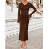 imageZESICA Womens 2025 Fall Long Sleeve Ruched Bodycon Maxi Dress Cowl Neck Back Slit Knit Wedding Guest Cocktail Party DressesBrown