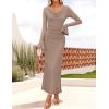 imageZESICA Womens 2025 Fall Long Sleeve Ruched Bodycon Maxi Dress Cowl Neck Back Slit Knit Wedding Guest Cocktail Party DressesKhaki