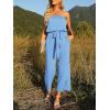 imageZESICA Womens Casual Off Shoulder Solid Color Strapless Belted Wide Leg Jumpsuit RomperBlue