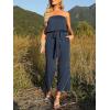 imageZESICA Womens Casual Off Shoulder Solid Color Strapless Belted Wide Leg Jumpsuit RomperNavyblue