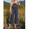 imageZESICA Womens Casual Off Shoulder Solid Color Strapless Belted Wide Leg Jumpsuit RomperNavyblue
