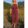 imageZESICA Womens Casual Off Shoulder Solid Color Strapless Belted Wide Leg Jumpsuit RomperWine