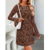 imageZESICA Womens Fall Bell Long Sleeve Bodycon Mini Dresses 2025 Casual Floral Crew Neck Mesh Cocktail Party Club DressBrown