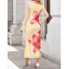 imageZESICA Womens Long Sleeve Floral Maxi Dress 2025 Fall Off Shoulder Bodycon Ruched Mesh Cocktail Wedding Guest DressesApricot