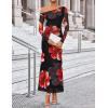 imageZESICA Womens Long Sleeve Floral Maxi Dress 2025 Fall Off Shoulder Bodycon Ruched Mesh Cocktail Wedding Guest DressesBlack