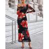 imageZESICA Womens Long Sleeve Floral Maxi Dress 2025 Fall Off Shoulder Bodycon Ruched Mesh Cocktail Wedding Guest DressesBlack