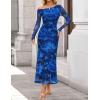 imageZESICA Womens Long Sleeve Floral Maxi Dress 2025 Fall Off Shoulder Bodycon Ruched Mesh Cocktail Wedding Guest DressesBlue