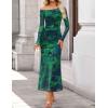 imageZESICA Womens Long Sleeve Floral Maxi Dress 2025 Fall Off Shoulder Bodycon Ruched Mesh Cocktail Wedding Guest DressesGreen