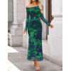 imageZESICA Womens Long Sleeve Floral Maxi Dress 2025 Fall Off Shoulder Bodycon Ruched Mesh Cocktail Wedding Guest DressesGreen