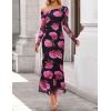 imageZESICA Womens Long Sleeve Floral Maxi Dress 2025 Fall Off Shoulder Bodycon Ruched Mesh Cocktail Wedding Guest DressesPurple