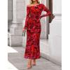 imageZESICA Womens Long Sleeve Floral Maxi Dress 2025 Fall Off Shoulder Bodycon Ruched Mesh Cocktail Wedding Guest DressesRed