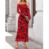 imageZESICA Womens Long Sleeve Floral Maxi Dress 2025 Fall Off Shoulder Bodycon Ruched Mesh Cocktail Wedding Guest DressesRed