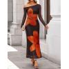 imageZESICA Womens Long Sleeve Floral Maxi Dress 2025 Fall Off Shoulder Bodycon Ruched Mesh Cocktail Wedding Guest DressesTangerine