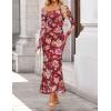 imageZESICA Womens Long Sleeve Floral Maxi Dress 2025 Fall Off Shoulder Bodycon Ruched Mesh Cocktail Wedding Guest DressesWine