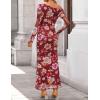 imageZESICA Womens Long Sleeve Floral Maxi Dress 2025 Fall Off Shoulder Bodycon Ruched Mesh Cocktail Wedding Guest DressesWine