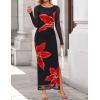 imageZESICA Womens Long Sleeve Floral Maxi Dresses 2025 Fall Bodycon Crewneck Side Slit Ruched Fitted Party Long DressBlack