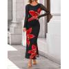 imageZESICA Womens Long Sleeve Floral Maxi Dresses 2025 Fall Bodycon Crewneck Side Slit Ruched Fitted Party Long DressBlack