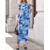 imageZESICA Womens Long Sleeve Floral Maxi Dresses 2025 Fall Bodycon Crewneck Side Slit Ruched Fitted Party Long DressBlue