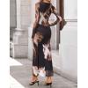 imageZESICA Womens Long Sleeve Floral Maxi Dresses 2025 Fall Bodycon Crewneck Side Slit Ruched Fitted Party Long DressBrown