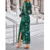 imageZESICA Womens Long Sleeve Floral Maxi Dresses 2025 Fall Bodycon Crewneck Side Slit Ruched Fitted Party Long DressGreen