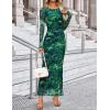 imageZESICA Womens Long Sleeve Floral Maxi Dresses 2025 Fall Bodycon Crewneck Side Slit Ruched Fitted Party Long DressGreen