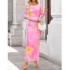 imageZESICA Womens Long Sleeve Floral Maxi Dresses 2025 Fall Bodycon Crewneck Side Slit Ruched Fitted Party Long DressPink