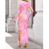 imageZESICA Womens Long Sleeve Floral Maxi Dresses 2025 Fall Bodycon Crewneck Side Slit Ruched Fitted Party Long DressPink