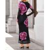 imageZESICA Womens Long Sleeve Floral Maxi Dresses 2025 Fall Bodycon Crewneck Side Slit Ruched Fitted Party Long DressPurple