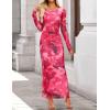 imageZESICA Womens Long Sleeve Floral Maxi Dresses 2025 Fall Bodycon Crewneck Side Slit Ruched Fitted Party Long DressRose