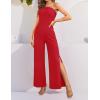 imageZESICA Womens Strapless Jumpsuit Casual Off Shoulder High Waist Wide Leg Side Slit Long Romper Playsuits with PocketsRed